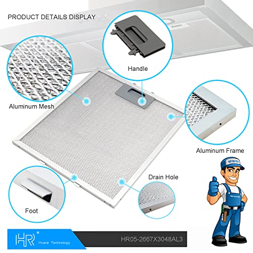 W10169961A Utskifting av hettefilter, passer til Whirlpool, Ikea, Kitchen Aid, Jenn Air, 3-lags aluminium Mesh hetteventilasjonsfilter 10,5x12 tommer, HR Huare teknologi aluminiumsvifte fettfiltre, 2 pakke