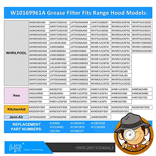 W10169961A Utskifting av hettefilter, passer til Whirlpool, Ikea, Kitchen Aid, Jenn Air, 3-lags aluminium Mesh hetteventilasjonsfilter 10,5x12 tommer, HR Huare teknologi aluminiumsvifte fettfiltre, 2 pakke