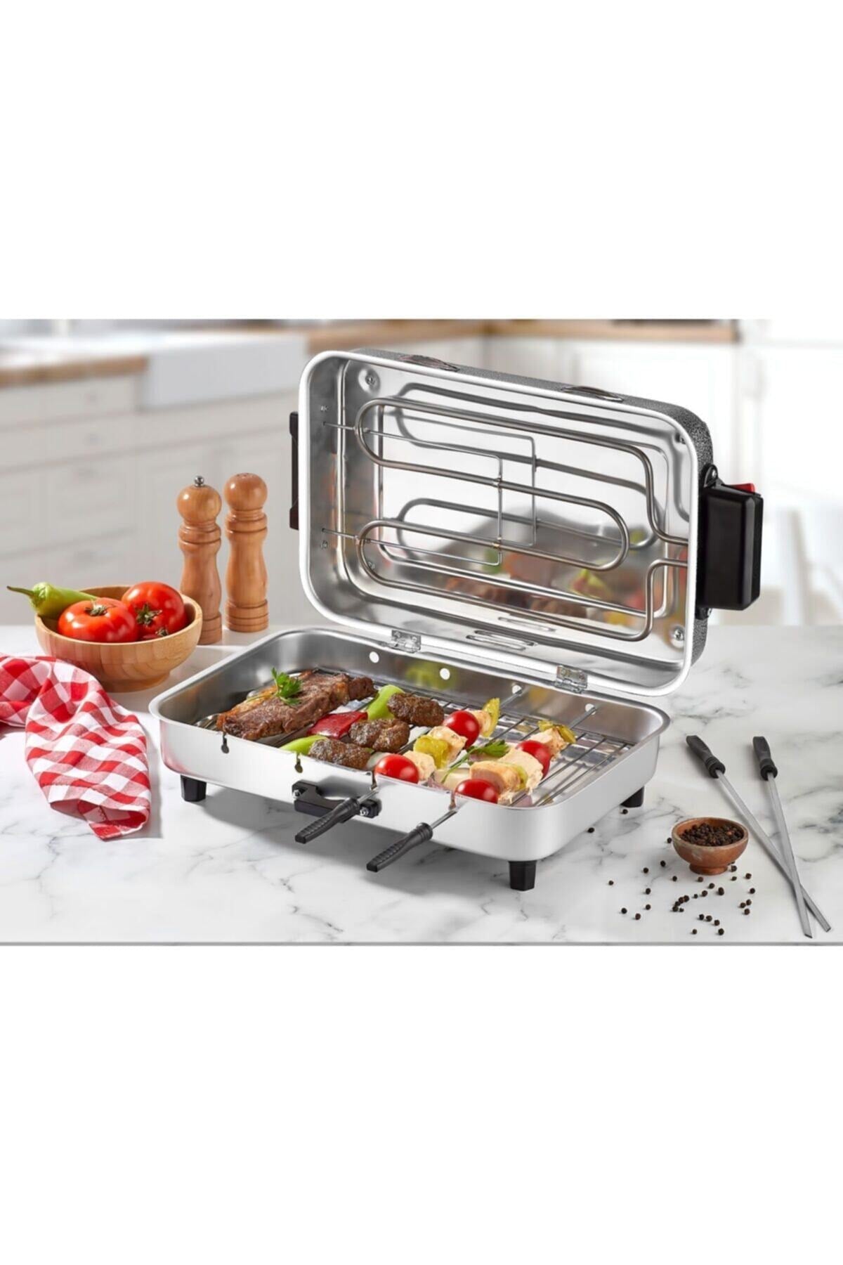 Røykere Elektrisk Grill Grill med 4 spyd Standard størrelse 31x21 CM Innendørs BBQ Fiskekjøtt Kylling Røykere Elektrisk Best innendørs