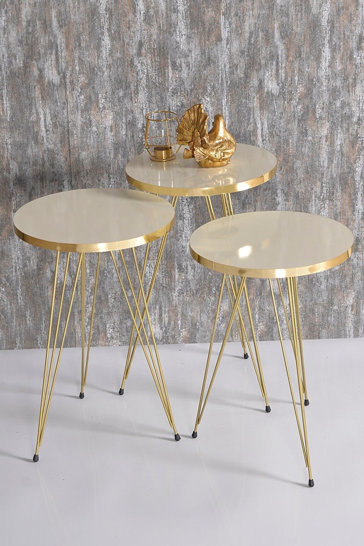 Coffee Table Nesting Table Gold Bendir Wire Home Decor Triple Set Marble Pattern