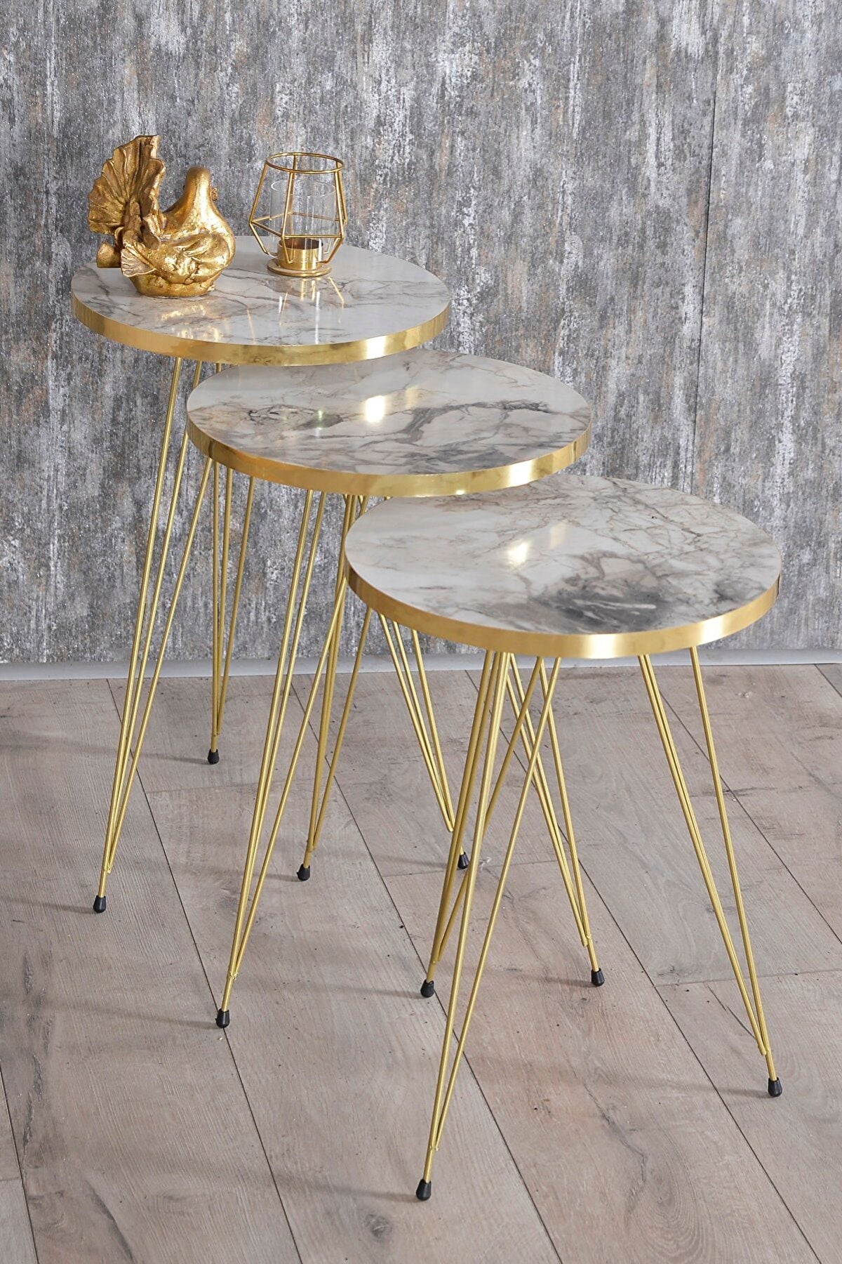 Gouden Zigon-tafel met marmerpatroon: drievoudige salontafelset voor woondecoratie