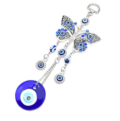 Tyrkisk Blue Evil Eye (Nazar) sommerfuglamulett med blå rhinestone bilsjarme bakspeil