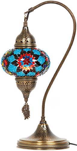 Turkish Moroccan Tiffany Style Handmade Colorful Mosaic Table Desk Bedside Night Swan Neck Lamp Light Lampshade with Hammered Metal Body and Hanging Metal Leaf, Turquoise, 19"