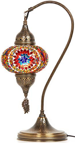 Turkish Moroccan Tiffany Style Handmade Colorful Mosaic Table Desk Bedside Night Swan Neck Lamp Light Lampshade with Hammered Metal Body and Hanging Metal Leaf, Turquoise, 19"