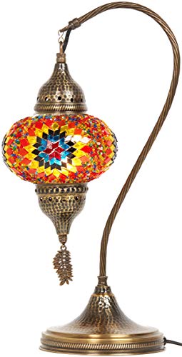 Turkish Moroccan Tiffany Style Handmade Colorful Mosaic Table Desk Bedside Night Swan Neck Lamp Light Lampshade with Hammered Metal Body and Hanging Metal Leaf, Turquoise, 19"