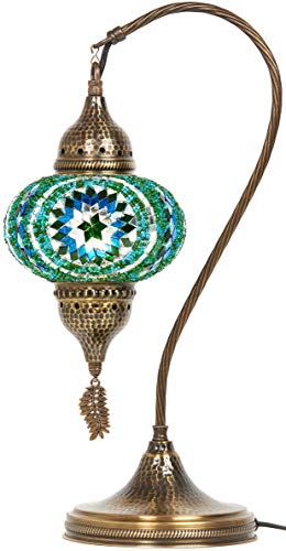 Turkish Moroccan Tiffany Style Handmade Colorful Mosaic Table Desk Bedside Night Swan Neck Lamp Light Lampshade with Hammered Metal Body and Hanging Metal Leaf, Turquoise, 19"