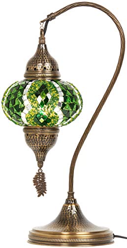 Turkish Moroccan Tiffany Style Handmade Colorful Mosaic Table Desk Bedside Night Swan Neck Lamp Light Lampshade with Hammered Metal Body and Hanging Metal Leaf, Turquoise, 19"