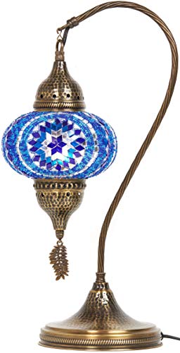 Turkish Moroccan Tiffany Style Handmade Colorful Mosaic Table Desk Bedside Night Swan Neck Lamp Light Lampshade with Hammered Metal Body and Hanging Metal Leaf, Turquoise, 19"