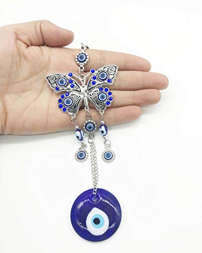 Turks blauwe boze oog (Nazar) vlinderamulet met blauwe strass autobedel achteruitkijkspiegel