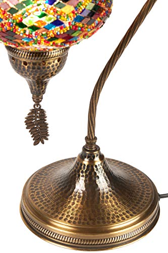 Turkish Moroccan Tiffany Style Handmade Colorful Mosaic Table Desk Bedside Night Swan Neck Lamp Light Lampshade with Hammered Metal Body and Hanging Metal Leaf, Turquoise, 19"