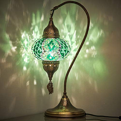 Turkish Moroccan Tiffany Style Handmade Colorful Mosaic Table Desk Bedside Night Swan Neck Lamp Light Lampshade with Hammered Metal Body and Hanging Metal Leaf, Turquoise, 19"