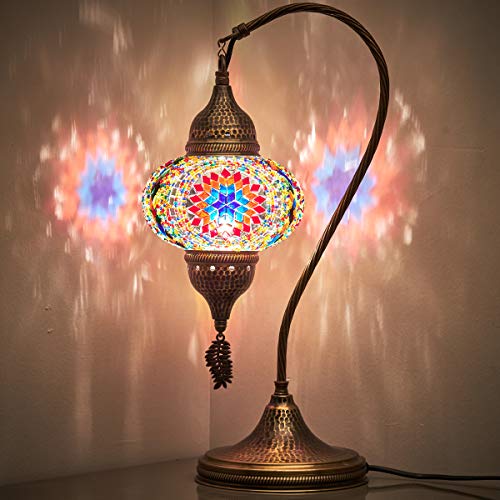 Turkish Moroccan Tiffany Style Handmade Colorful Mosaic Table Desk Bedside Night Swan Neck Lamp Light Lampshade with Hammered Metal Body and Hanging Metal Leaf, Turquoise, 19"