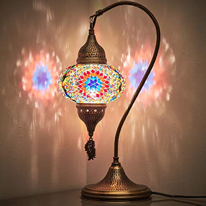 Turkish Moroccan Tiffany Style Handmade Colorful Mosaic Table Desk Bedside Night Swan Neck Lamp Light Lampshade with Hammered Metal Body and Hanging Metal Leaf, Turquoise, 19"