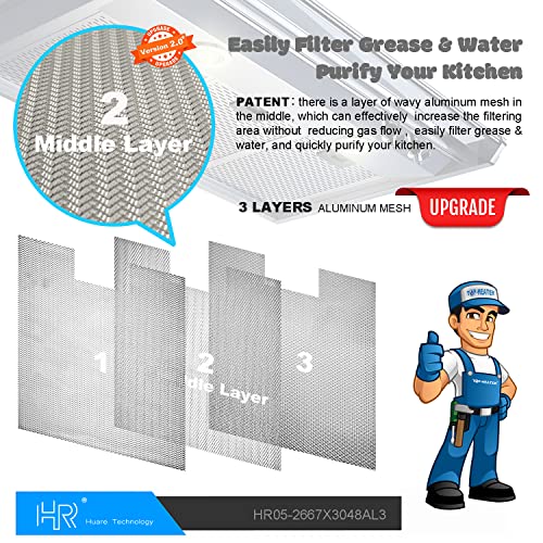 W10169961A Range Hood Filter Replacement, Fits Whirlpool, Ikea, Kitchen Aid, Jenn Air, 3-Layer Aluminum Mesh Hood Vent Filter 10.5x12Inch, HR Huare Technology Aluminum Range Hood Grease Filters,2Pack