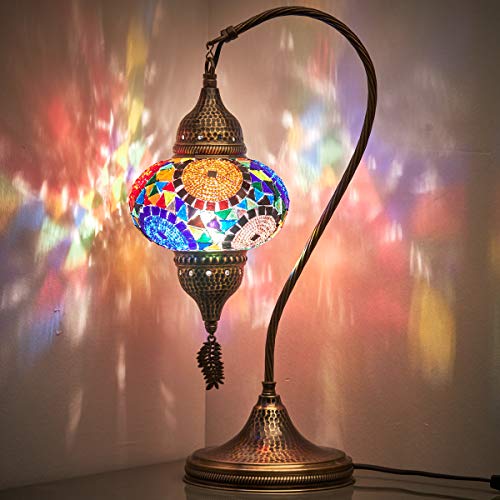 Turkish Moroccan Tiffany Style Handmade Colorful Mosaic Table Desk Bedside Night Swan Neck Lamp Light Lampshade with Hammered Metal Body and Hanging Metal Leaf, Turquoise, 19"