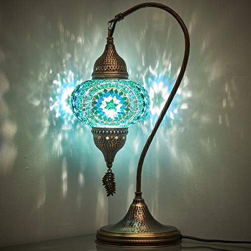 Turkish Moroccan Tiffany Style Handmade Colorful Mosaic Table Desk Bedside Night Swan Neck Lamp Light Lampshade with Hammered Metal Body and Hanging Metal Leaf, Turquoise, 19"