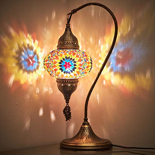 Turkish Moroccan Tiffany Style Handmade Colorful Mosaic Table Desk Bedside Night Swan Neck Lamp Light Lampshade with Hammered Metal Body and Hanging Metal Leaf, Turquoise, 19"